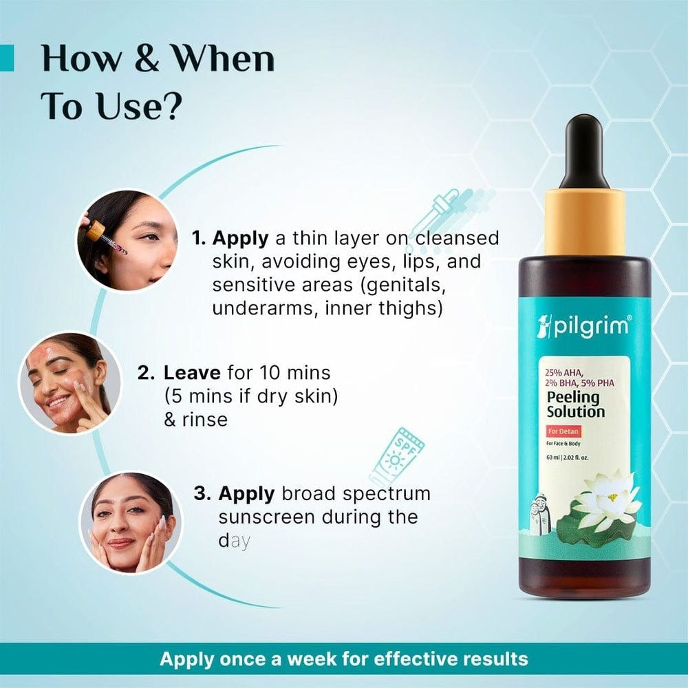 Pilgrim 25% AHA + 2% BHA + 5% PHA Peeling Solution 60ml For Face & Body |10-Minute Facial At Home|Gentle Exfoliating Serum For Tan Removal |For Glowing Skin, Even Skin Tone, Pore Cleansing |Men, Women
